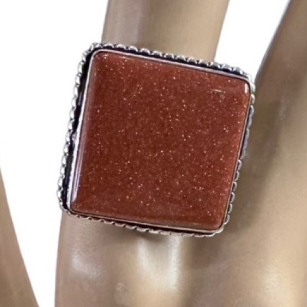 💕 Natural Gold Stone gemstone square ring .925 sterling silver overlay adjust